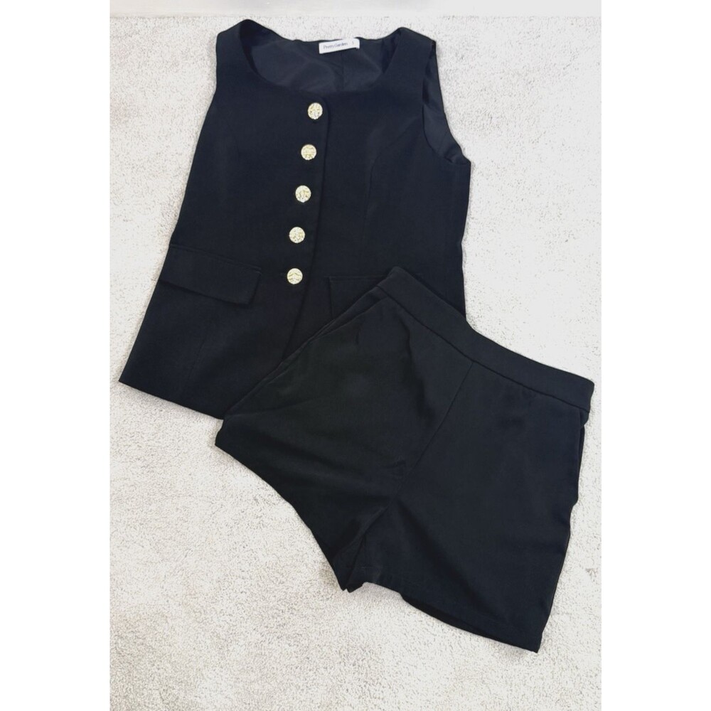 PrettyGarden 2 Piece Set - Sleeveless Button Lined Vest & Shorts - Black S